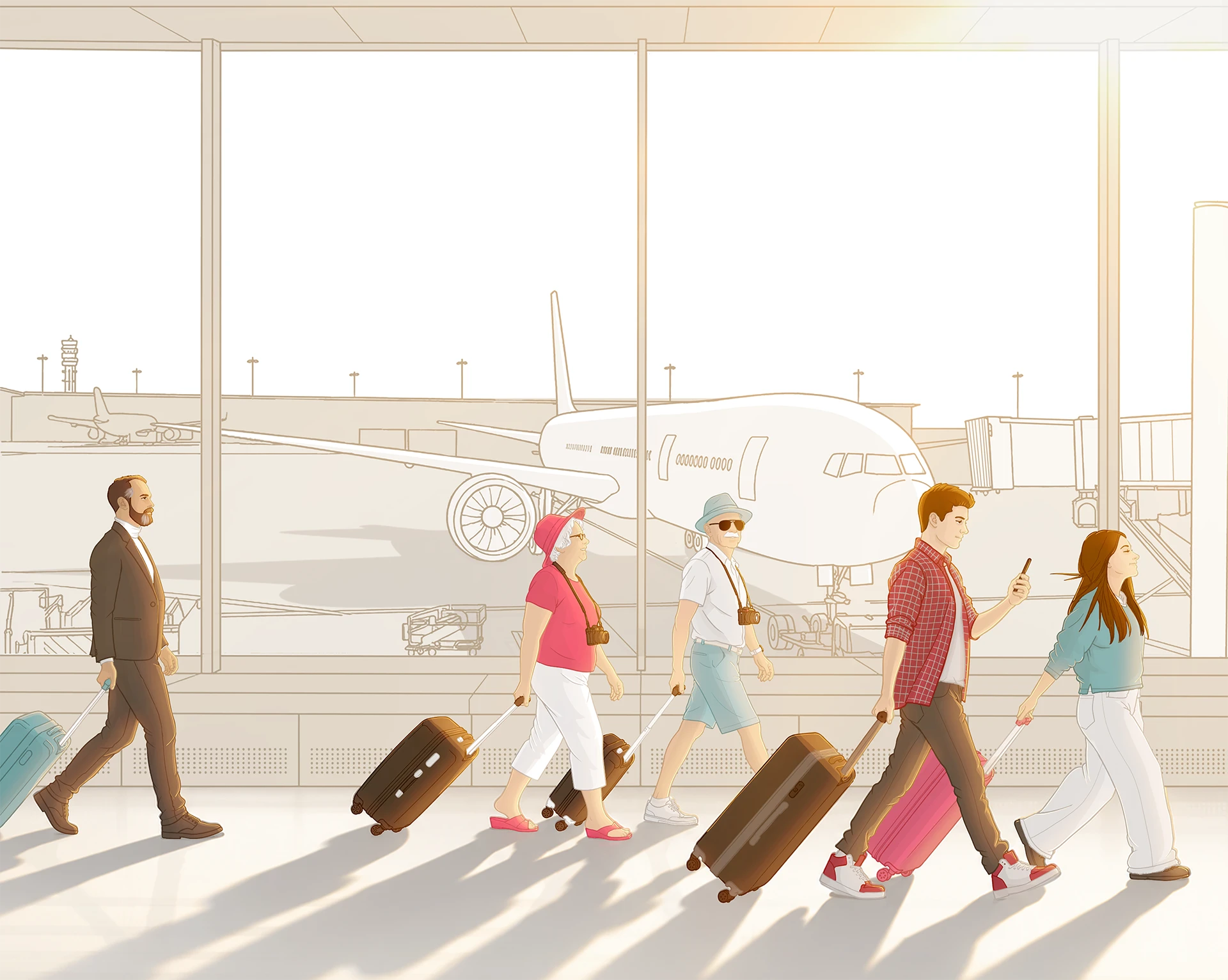 Assurance voyage et annulation — Voyageurs en aéroport préparant un long séjour à l'étranger