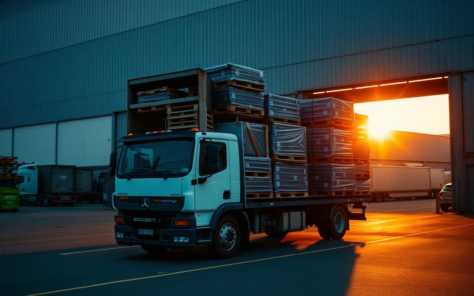 Assurance marchandises transportées — Camion de livraison chargé devant un entrepôt logistique