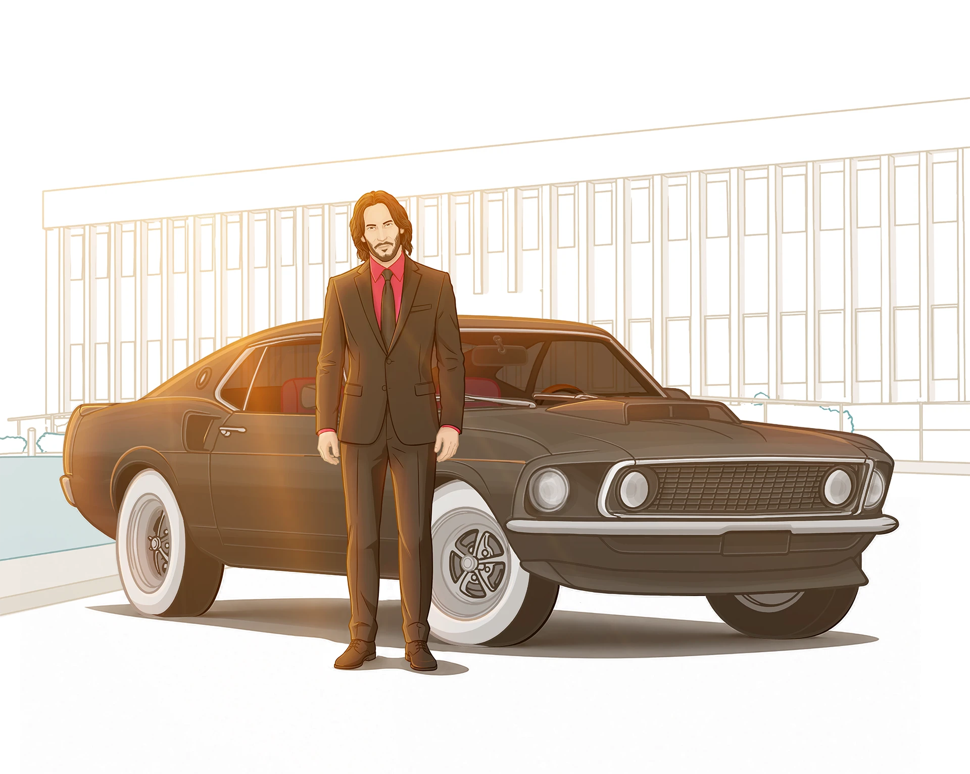 Assurance auto de collection — Propriétaire en costume devant sa voiture de collection américaine
