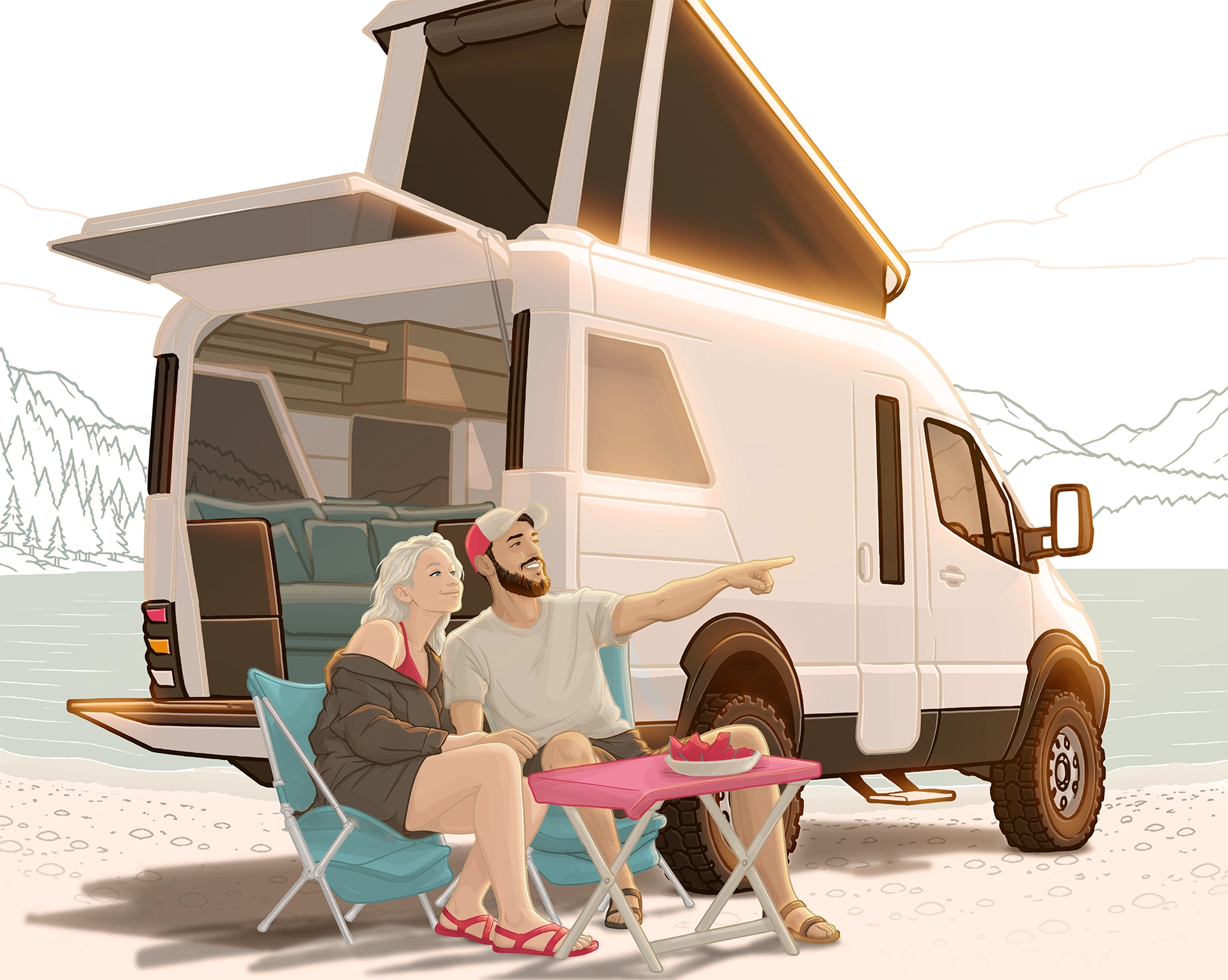 Couple en bivouac au bord de l'eau devant un van aménagé tout-terrain au toit relevable