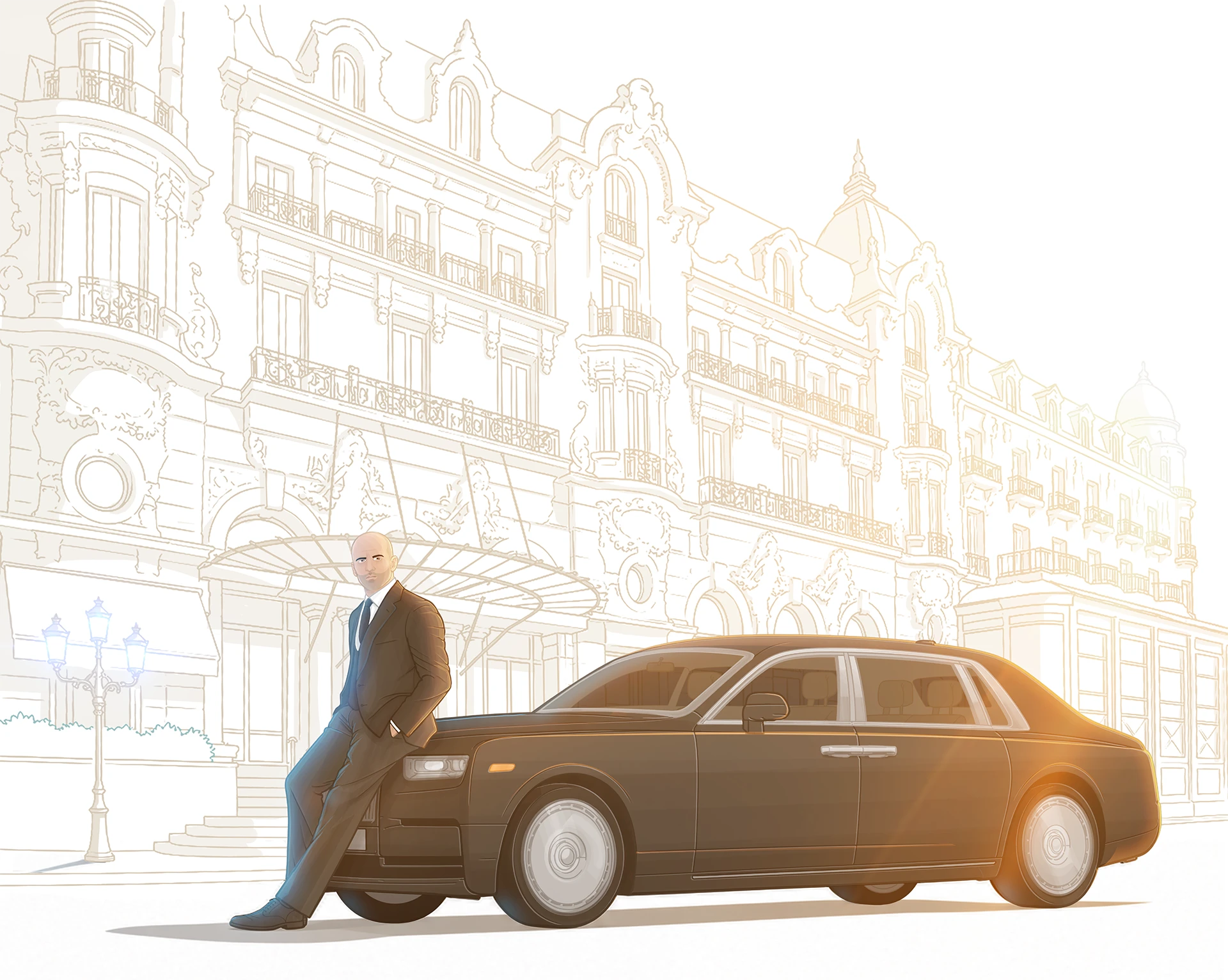 Assurance voiture de prestige et sportive — Conducteur appuyé contre une berline de prestige devant un immeuble élégant
